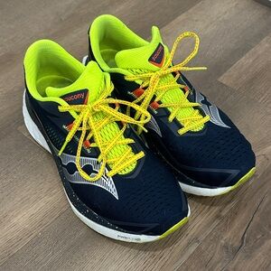 Saucony Endorphin Speed 4 in Dark Blue and Neon Green Running Shoes